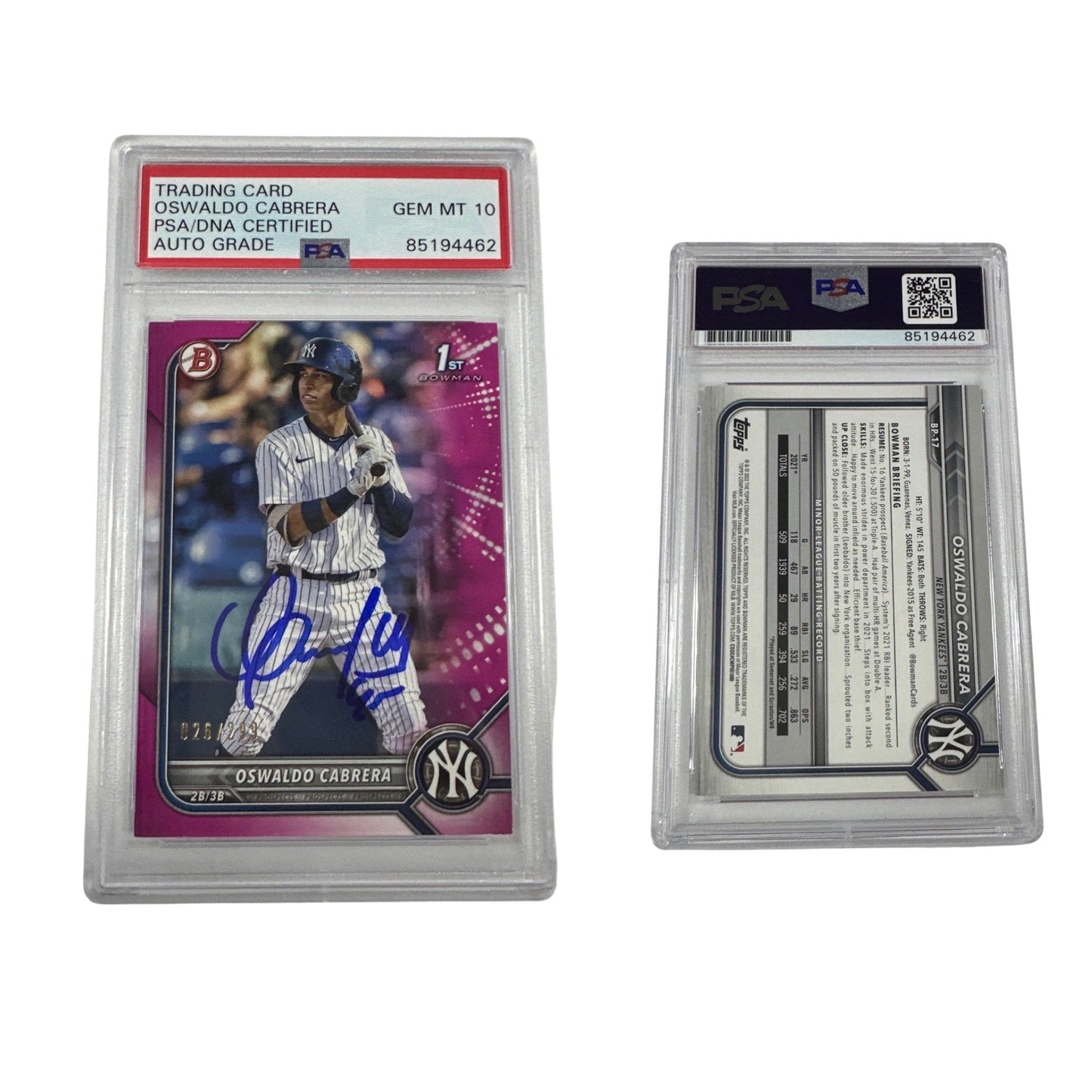 2022 Oswaldo Cabrera Bowman 1st Auto Fuchsia /299 BP-17 PSA GEM MT 10