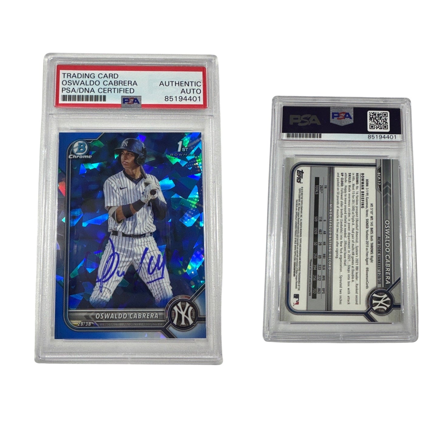 2022 Oswaldo Cabrera Bowman Chrome 1st Auto Sapphire BCP-17 PSA Authentic Auto