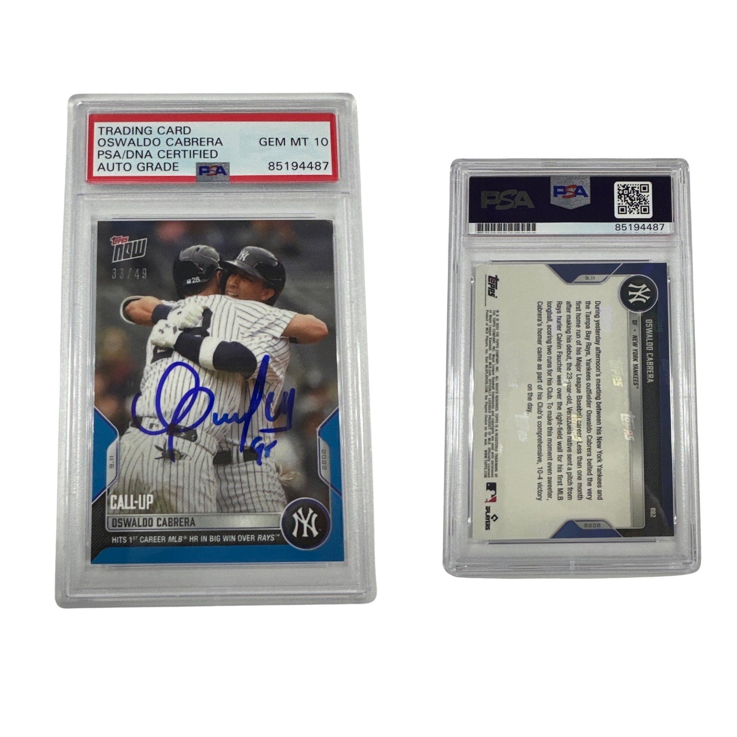 2022 Oswaldo Cabrera Topps Now Blue /49 #882 PSA GEM MT 10 Auto