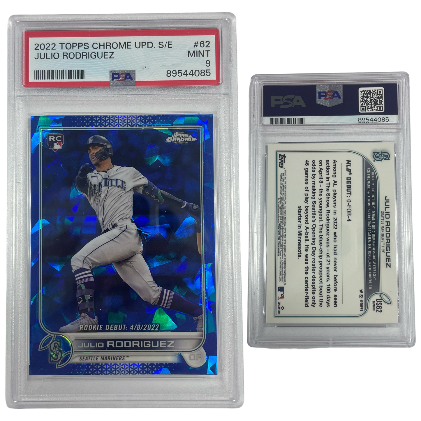 2022 Julio Rodriguez Topps Chrome Update Sapphire Rookie #62 PSA MINT 9