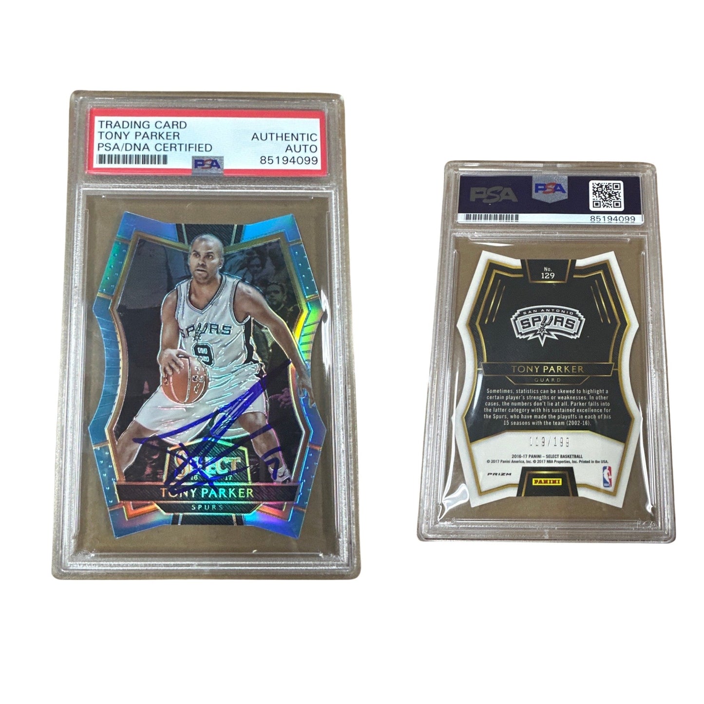 2016-17 Tony Parker Panini Select Premier Level Blue Prizm /199 #129 PSA Authentic Auto