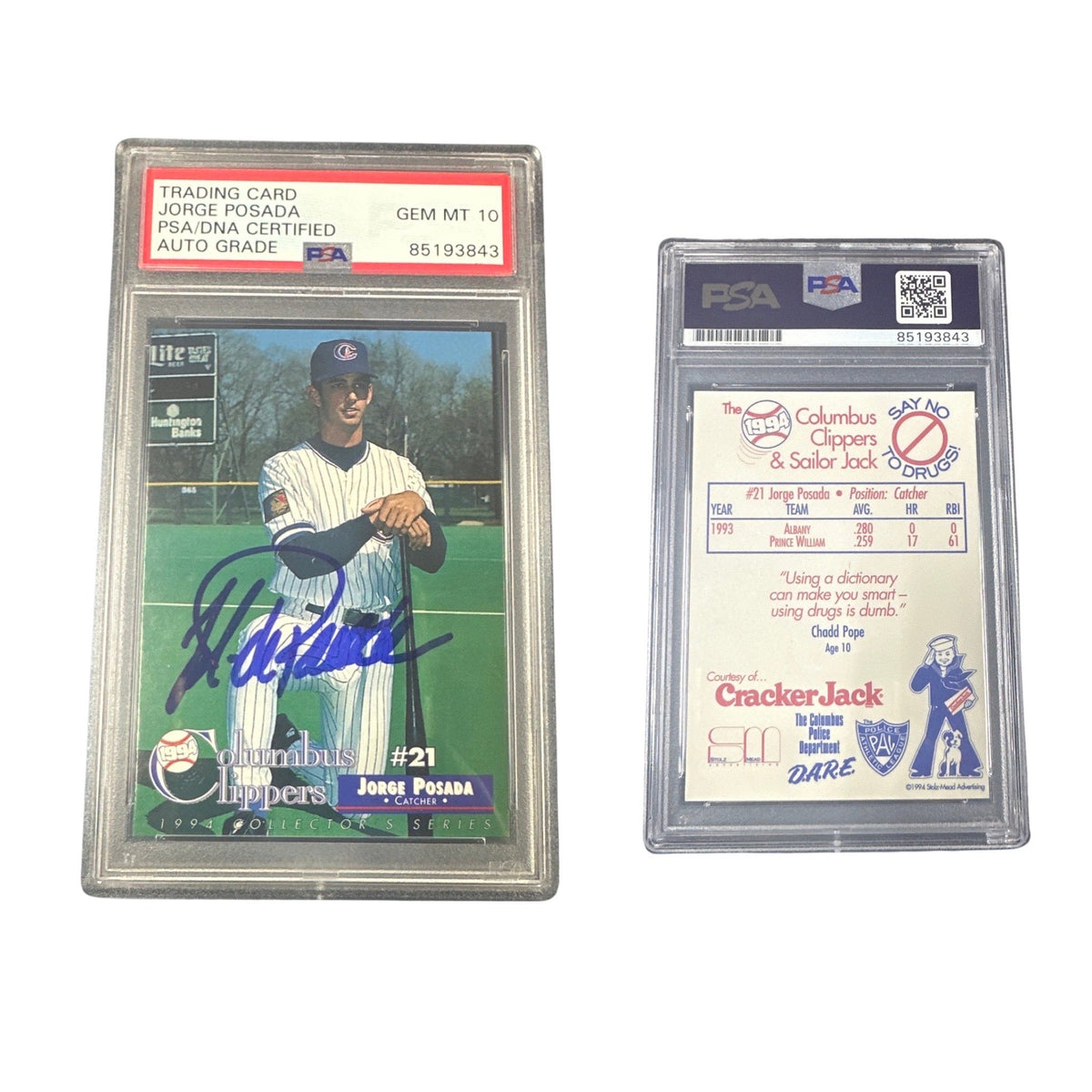 1994 Jorge Posada Columbus Clippers Minor League Card Autographed PSA Auto GEM MT 10