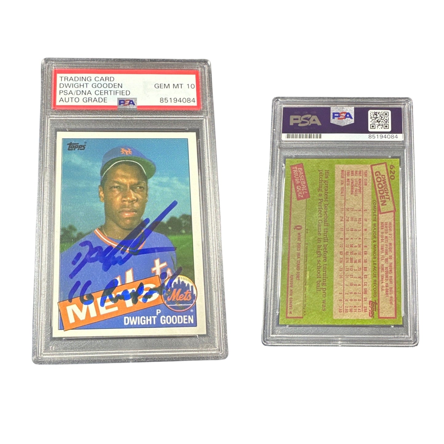 1985 Dwight "Doc" Gooden Topps Rookie #620 "16 Retired" Inscription PSA GEM MT 10 Auto