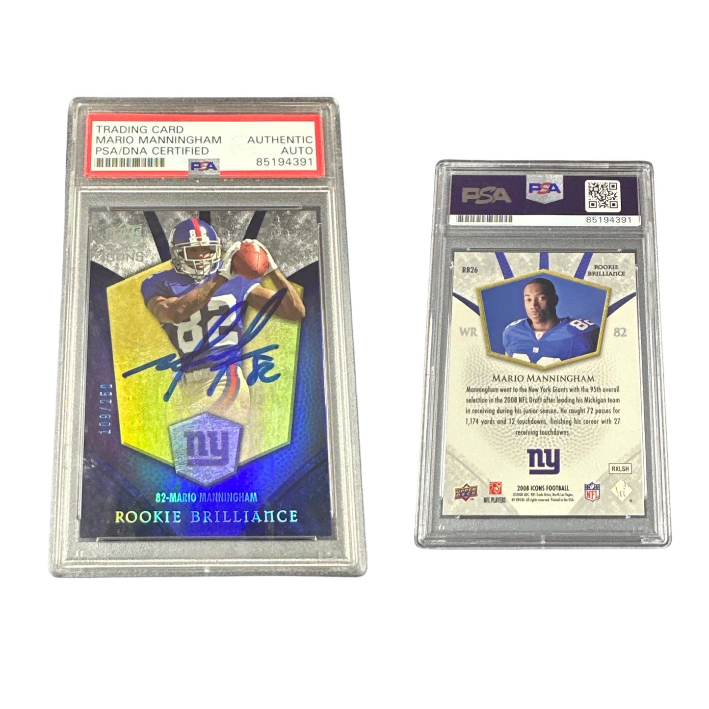 2008 Mario Manningham Autographed Upper Deck Icons Rookie Brilliance Blue /250 #RB26 PSA Auto Authentic