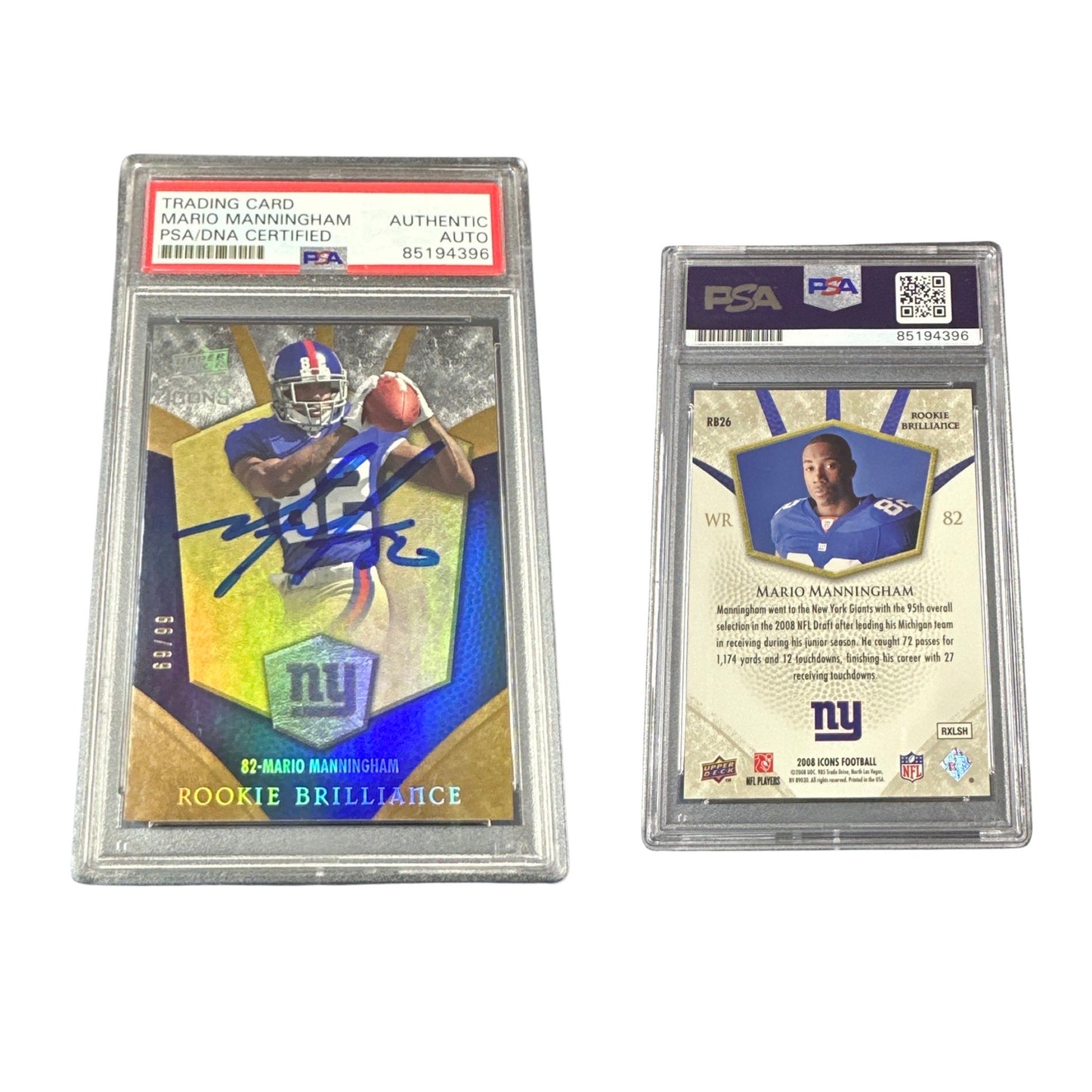 2008 Mario Manningham Autographed Upper Deck Icons Rookie Brilliance Gold /99 #RB26 PSA Auto Authentic