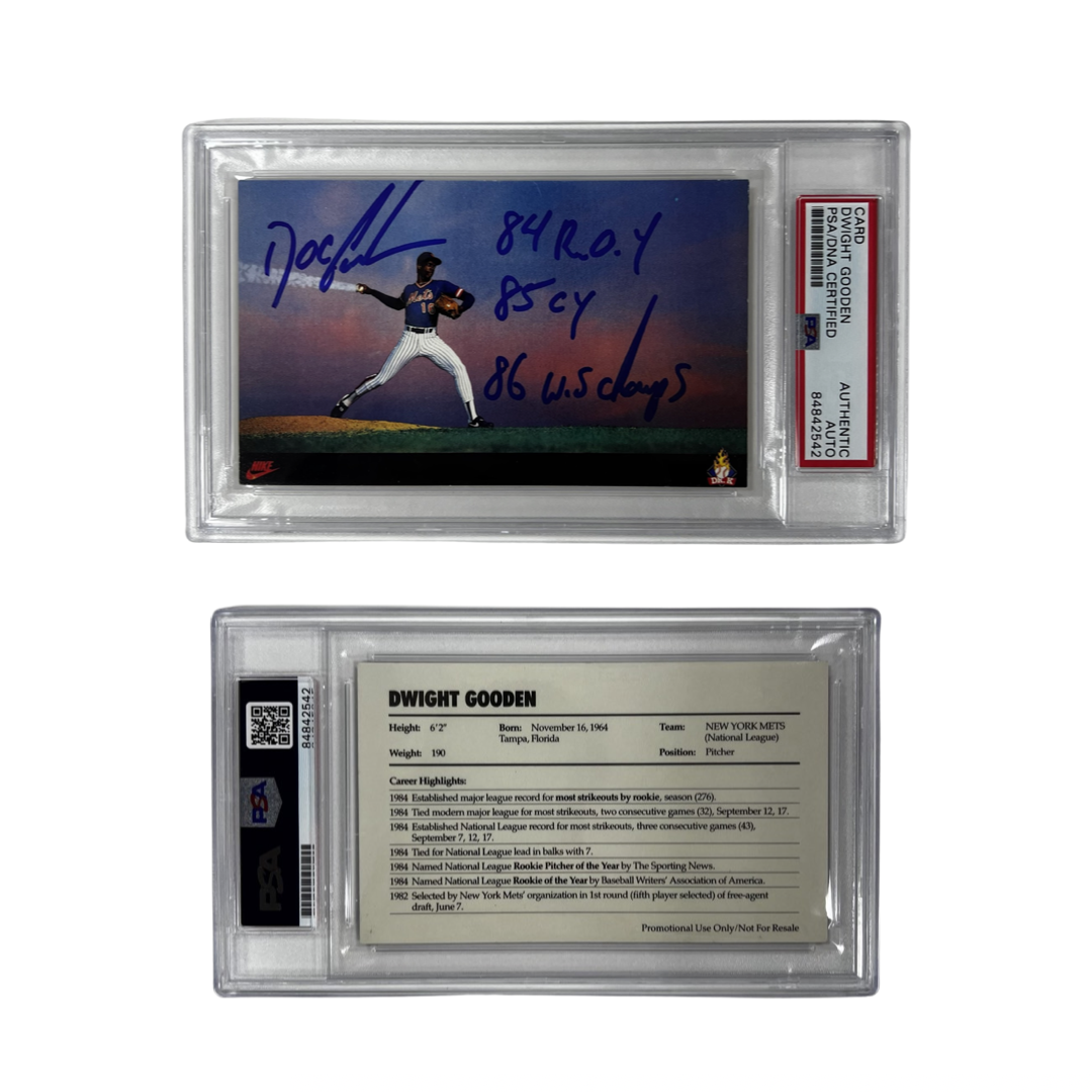 Dwight "Doc" Gooden Autographed Nike Header Dr. K Postcard "84 R.O.Y. 84 CY 86 W.S. Champs" Inscription PSA Auto Authentic
