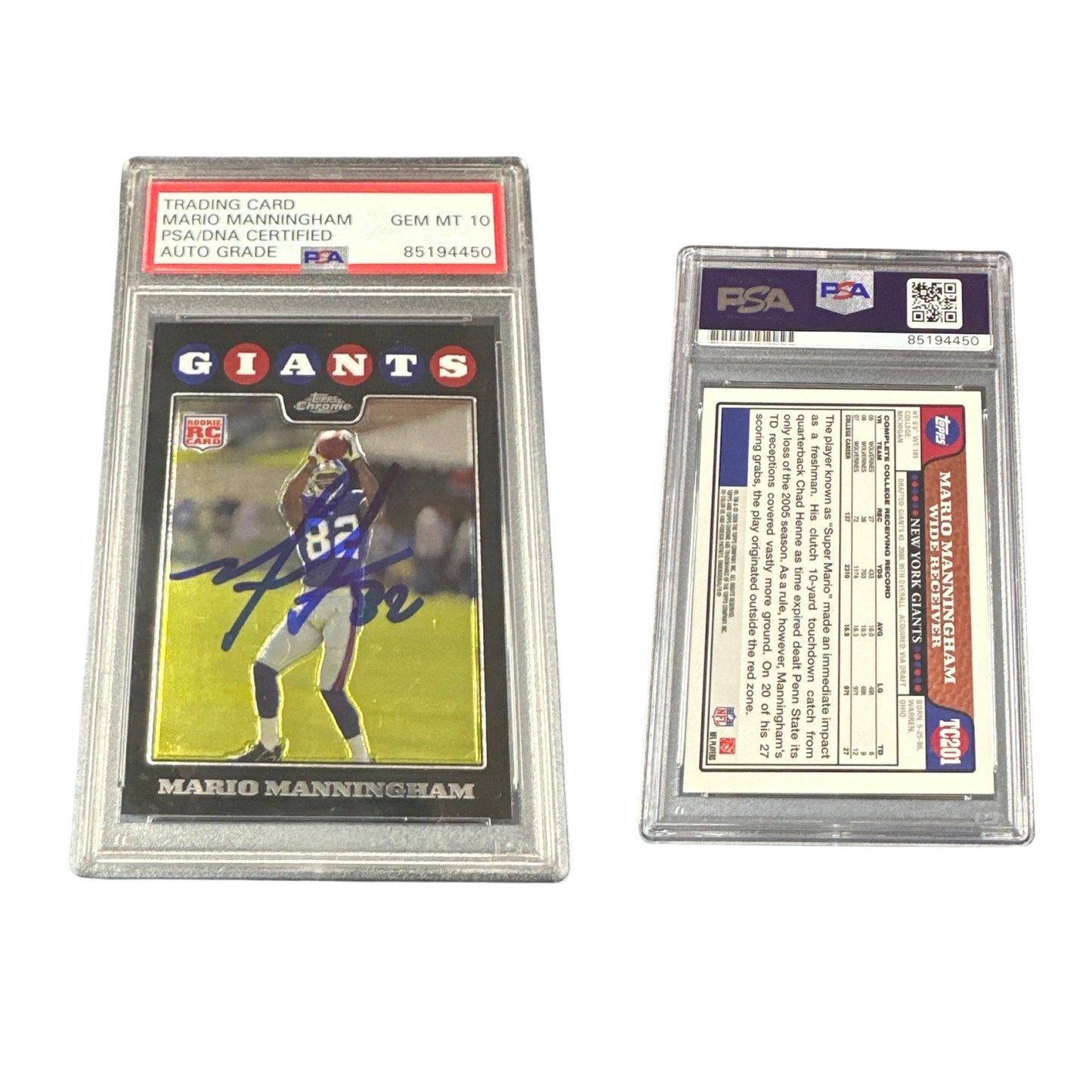 2008 Mario Manningham Autographed Topps Chrome Rookie #TC201 PSA Auto GEM MT 10