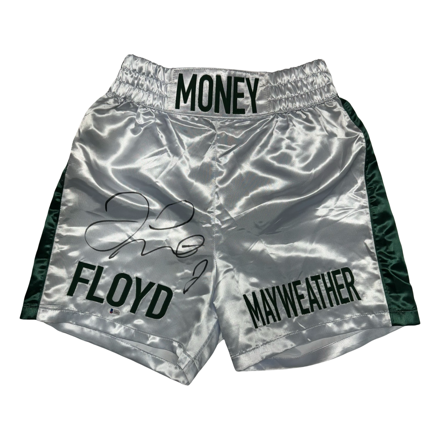 Floyd Mayweather Autographed Money Mayweather White/Green Boxing Trunks Beckett - Unframed