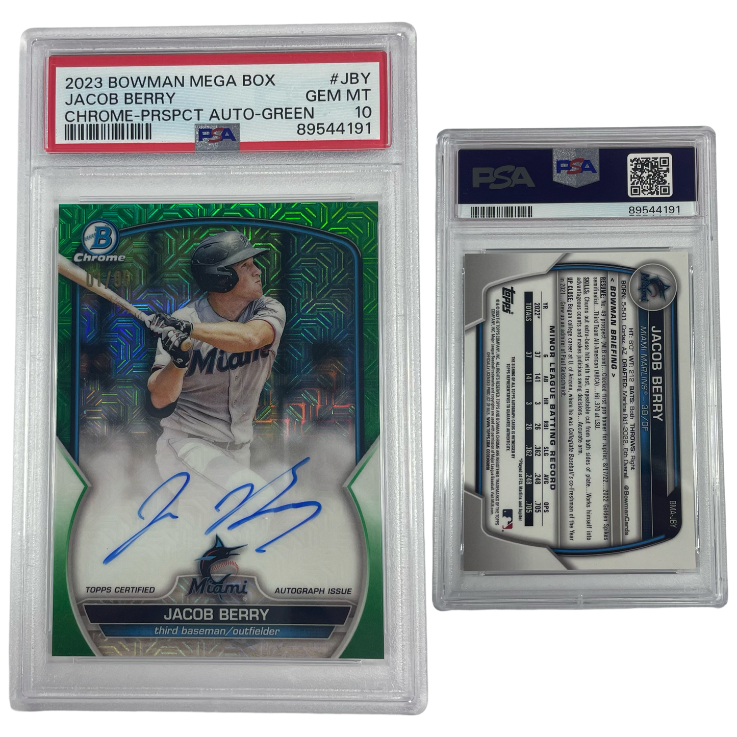2023 Jacob Berry Autographed Bowman Chrome Mega Box Prospects Green Refractor /99 #JBY PSA GEM MT 10