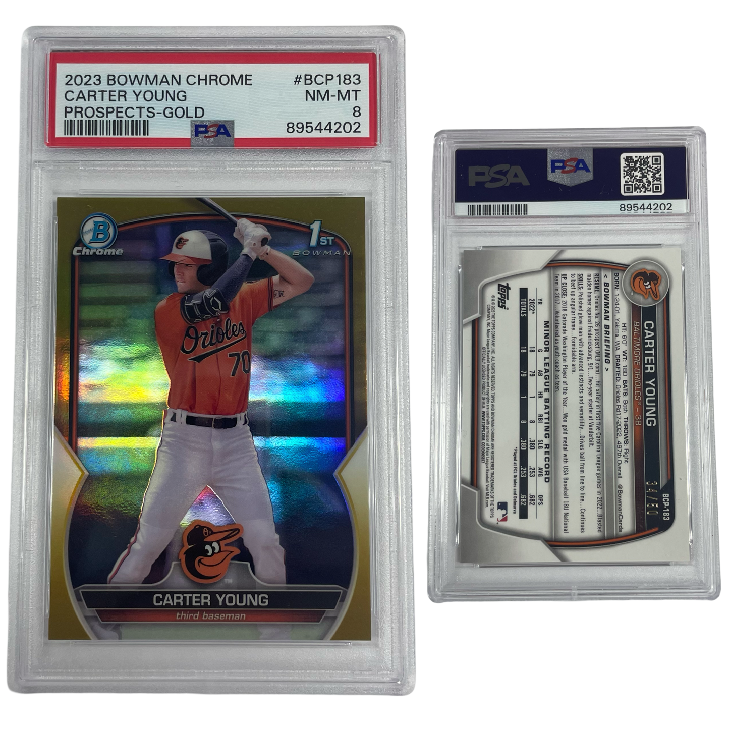 2023 Carter Young Bowman Chrome Prospects Gold Refractor /50 #BCP183 PSA NM MT 8