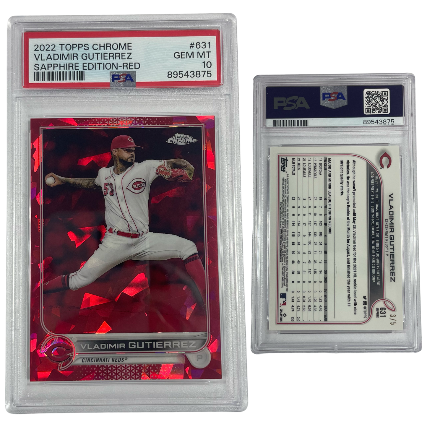 2022 Vladimir Gutierrez Topps Chrome Sapphire Edition Red Refractor /5 #631 PSA GEM MT 10