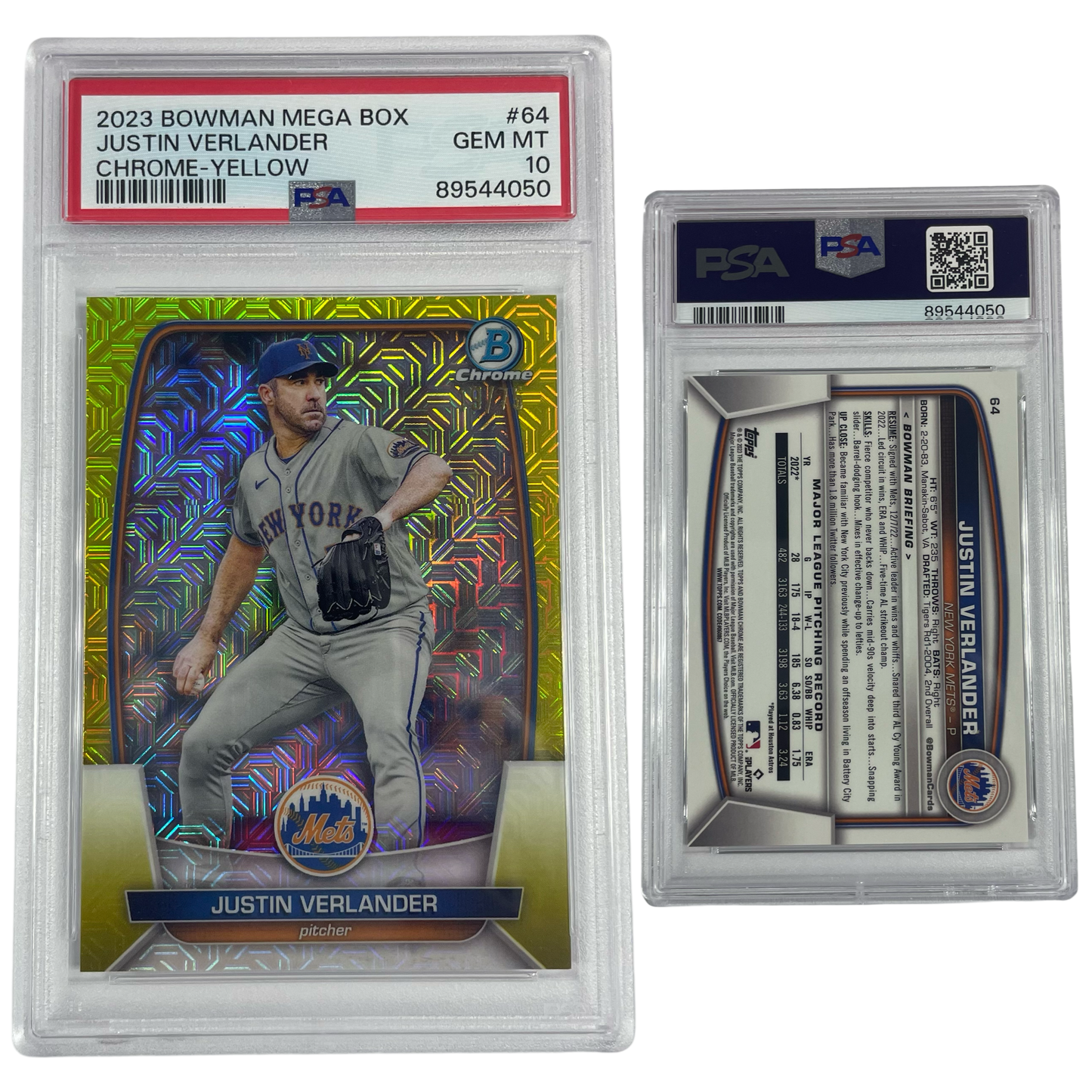 2023 Justin Verlander Bowman Chrome Mega Box Yellow Refractor /75 #64 PSA GEM MT 10