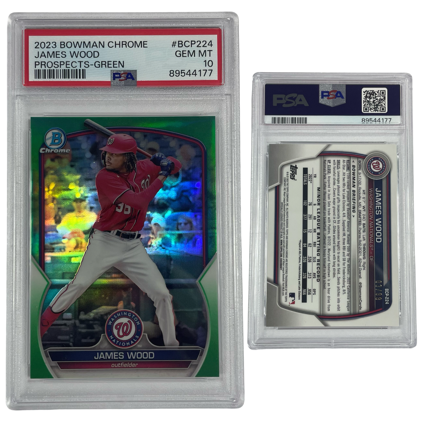 2023 James Wood Bowman Chrome Prospects Green Refractor /99 #BCP224 PSA GEM MT 10