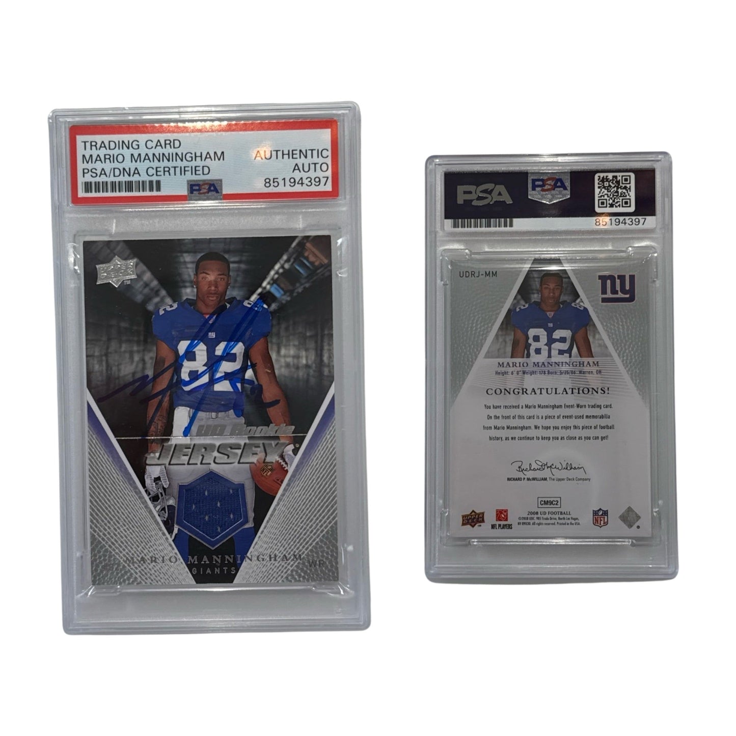 2008 Mario Manningham Autographed Upper Deck Rookie Jersey Relic #UDRJMM PSA Auto Authentic