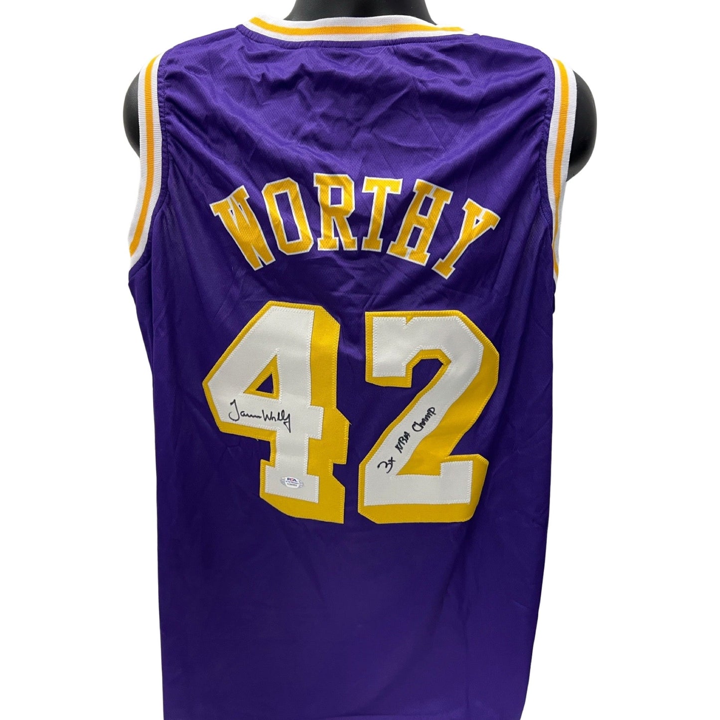 James Worthy Autographed Los Angeles Lakers Purple Jersey 3x NBA Champ Inscription PSA