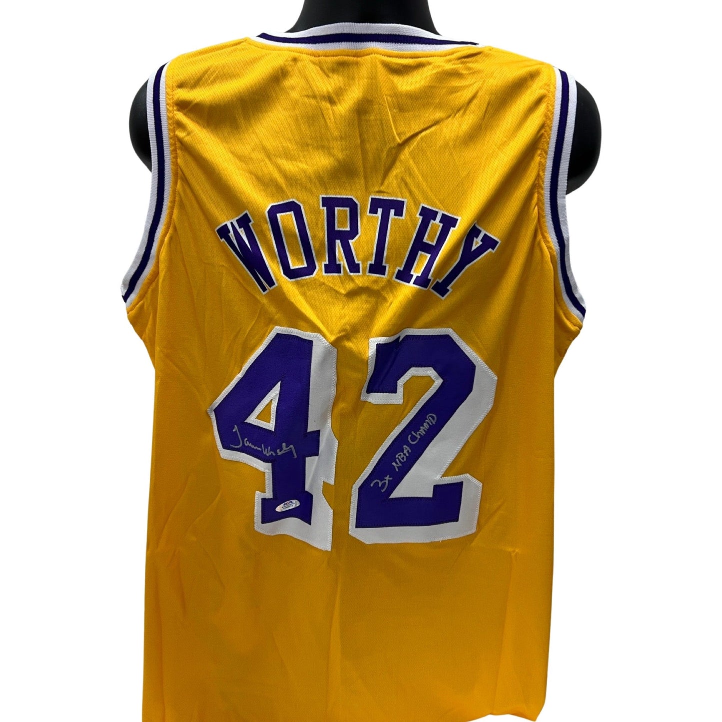 James Worthy Autographed Los Angeles Lakers Yellow Jersey 3x NBA Champ Inscription PSA