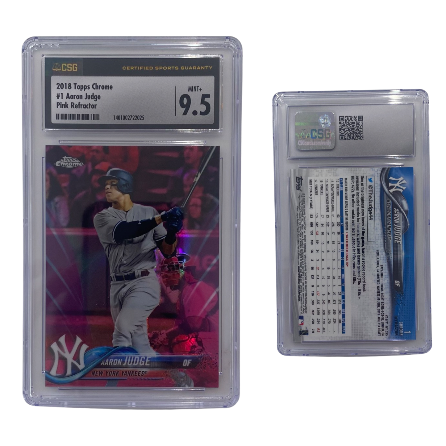 2018 Aaron Judge Topps Chrome Pink Refractor #1 CSG MINT+ 9.5