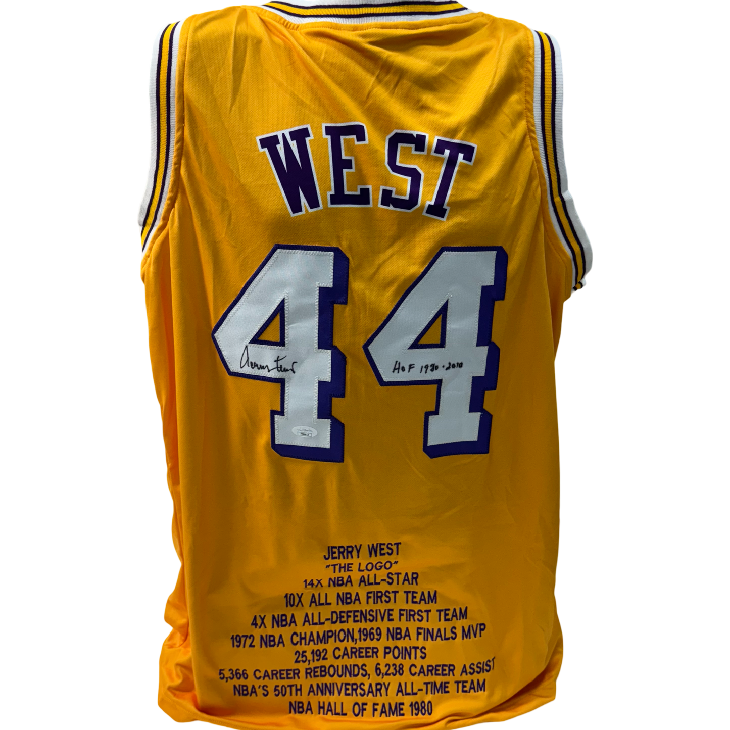 Jerry West Autographed Los Angeles Lakers Yellow Stat Jersey HOF 1980-2010 Inscription JSA