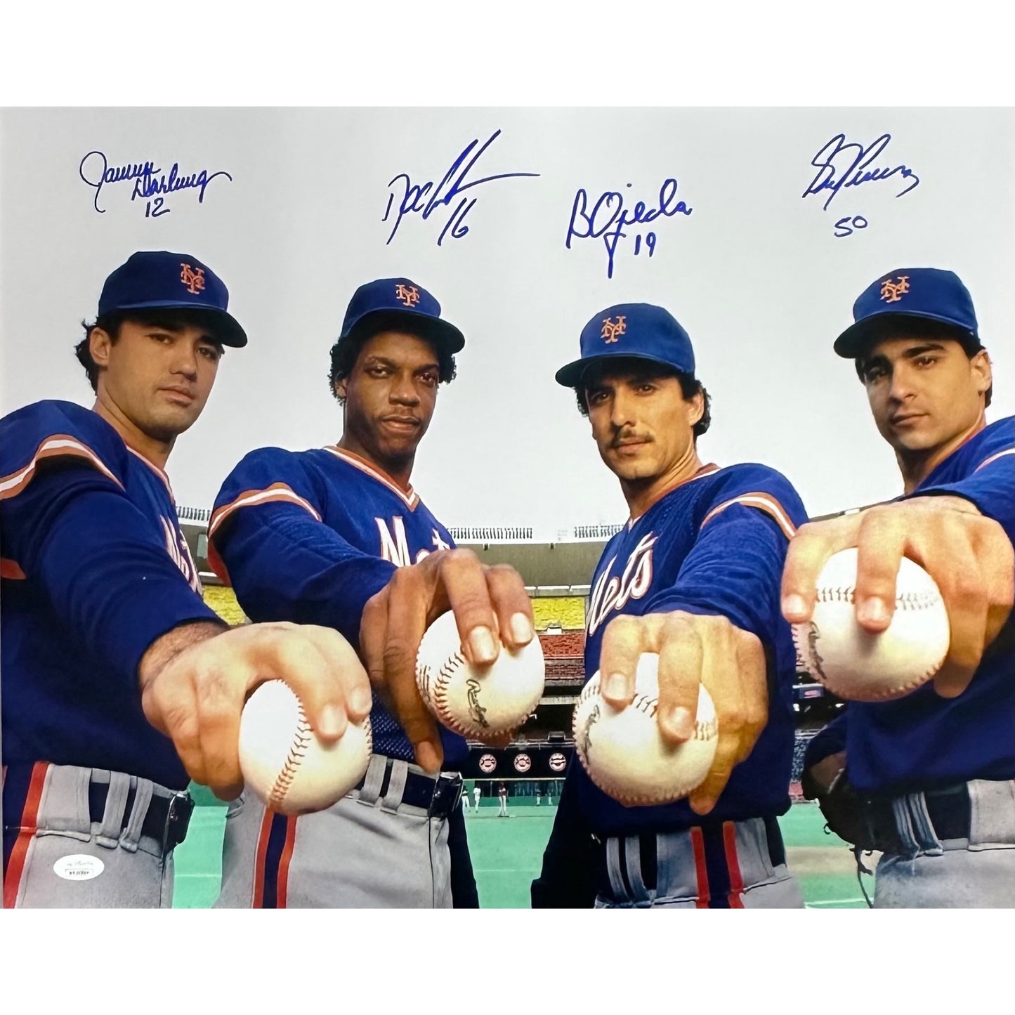 1986 Mets Starting Four Doc Gooden, Bobby Ojeda, Ron Darling & Sid Fernandez Autographed New York Mets 16x20 Photo Blue Ink JSA COA