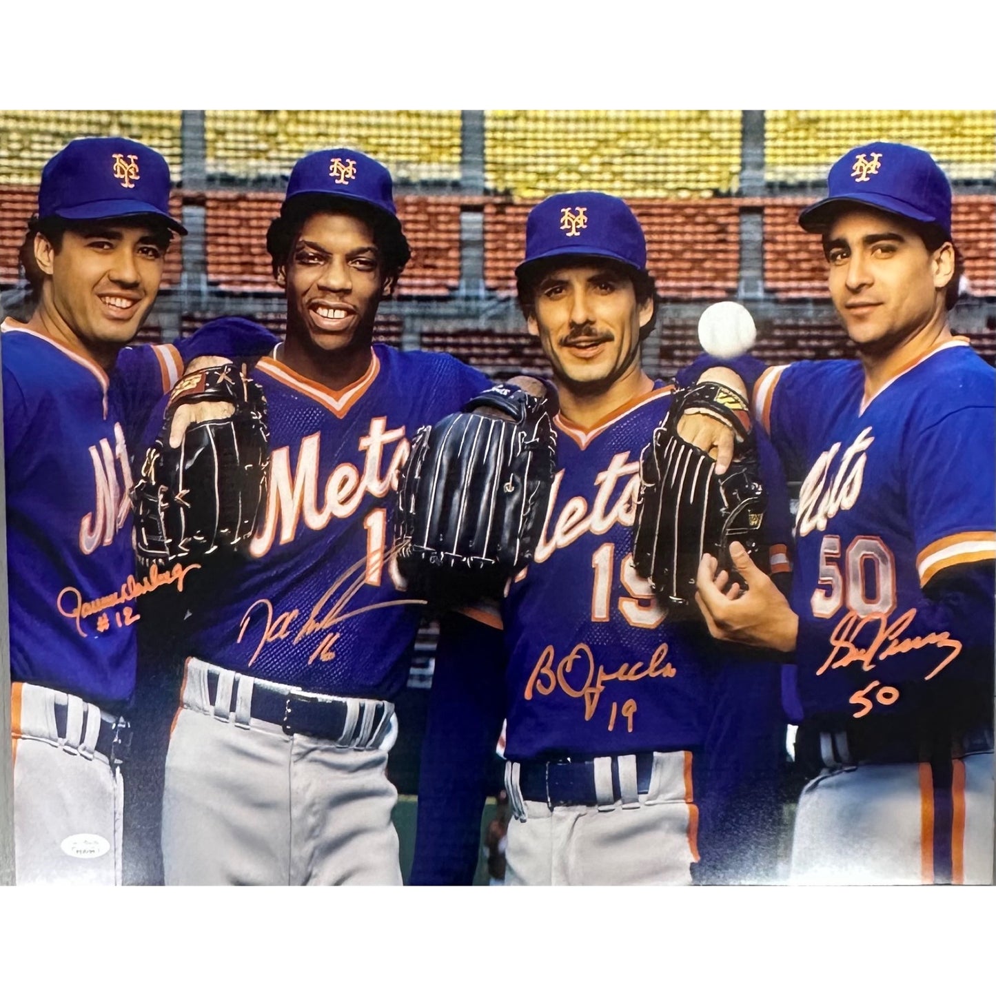 1986 Mets Starting Four Doc Gooden, Bobby Ojeda, Ron Darling & Sid Fernandez Autographed New York Mets 16x20 Photo Orange ink JSA COA