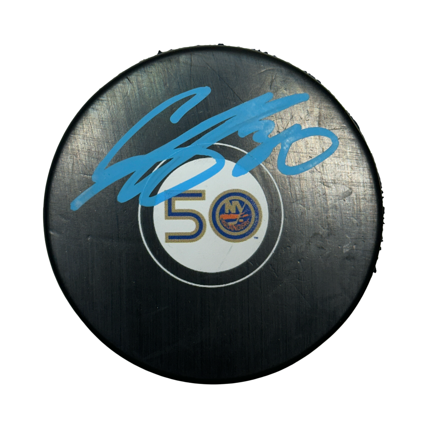 Ilya Sorokin Autographed New York Islanders 50th Anniversary Puck Light Blue Ink Beckett