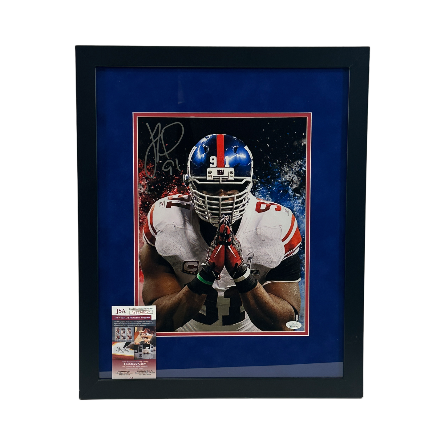 Justin Tuck Autographed New York Giants Bow Edit Framed 11x14 JSA