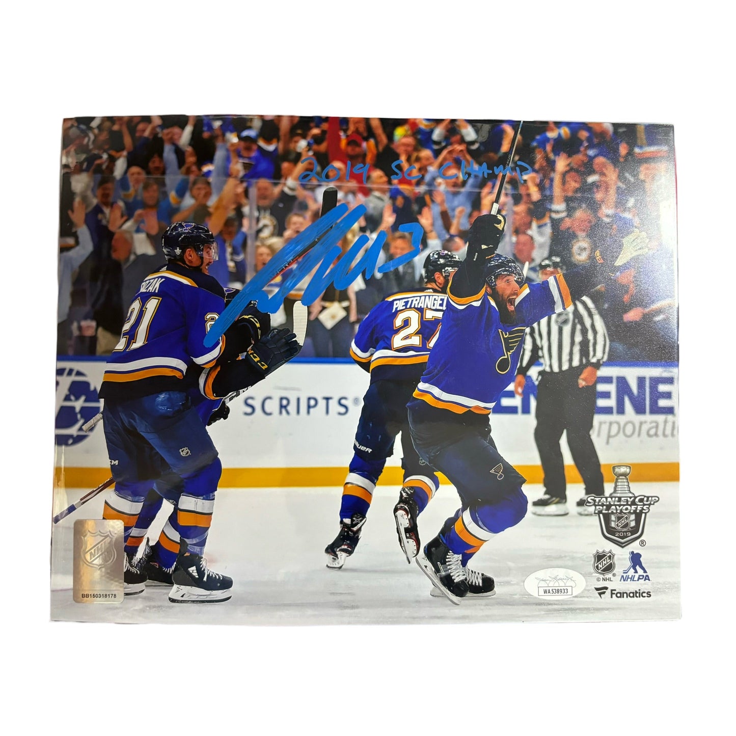 Pat Maroon Autographed St Louis Blues 8x10 2019 SC Champs Inscription JSA