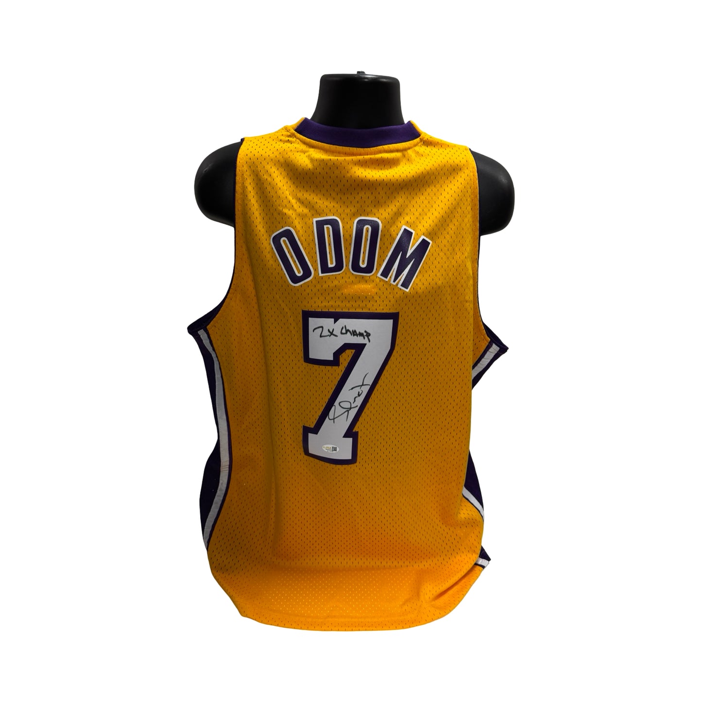 Lamar Odom Autographed Enscribed "2x Champ" Lakers Yellow Authentic Mitchell & Ness Jersey JSA