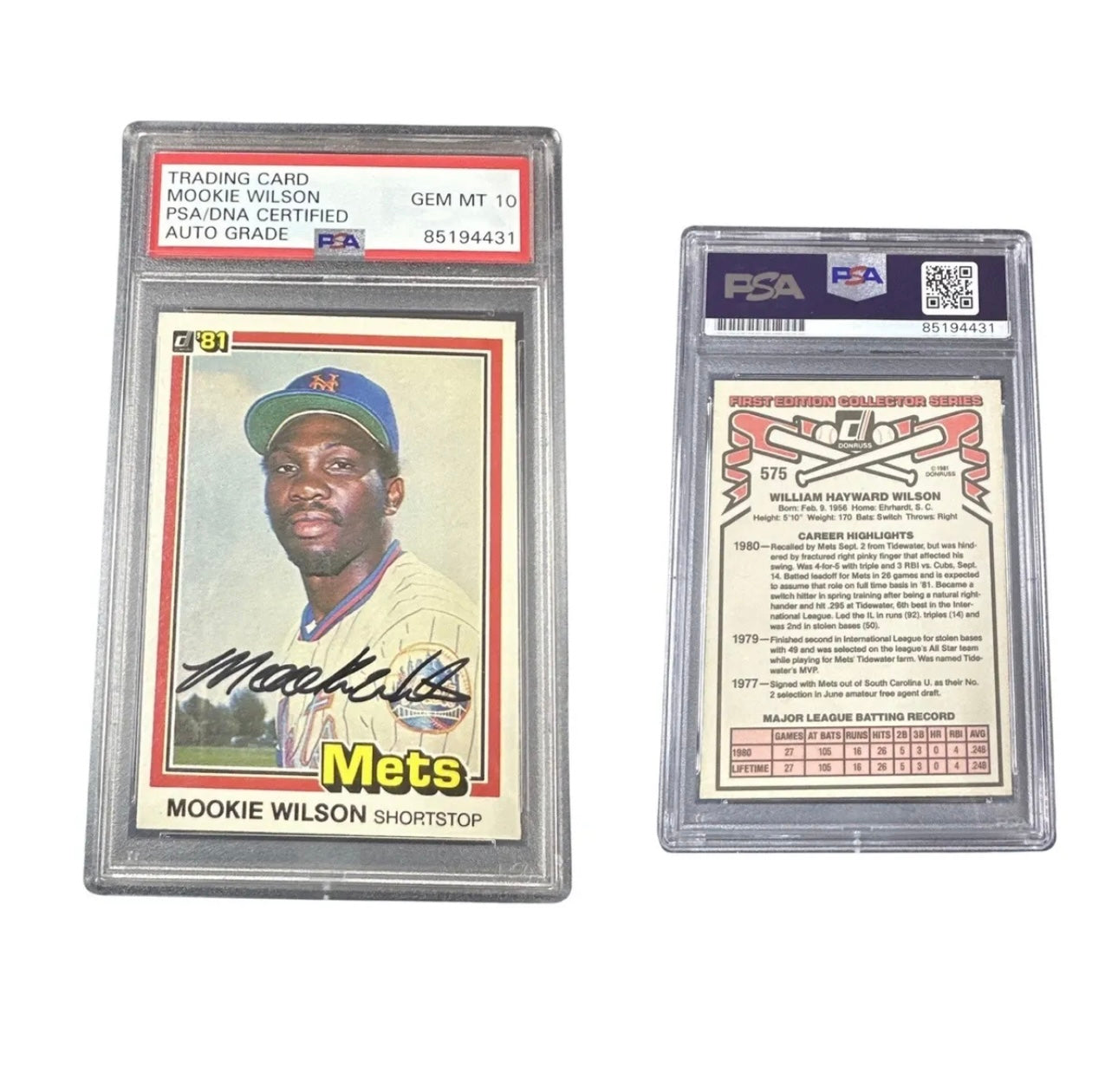 1981 Mookie Wilson Donruss #575 Autographed PSA GEM MT 10 Auto