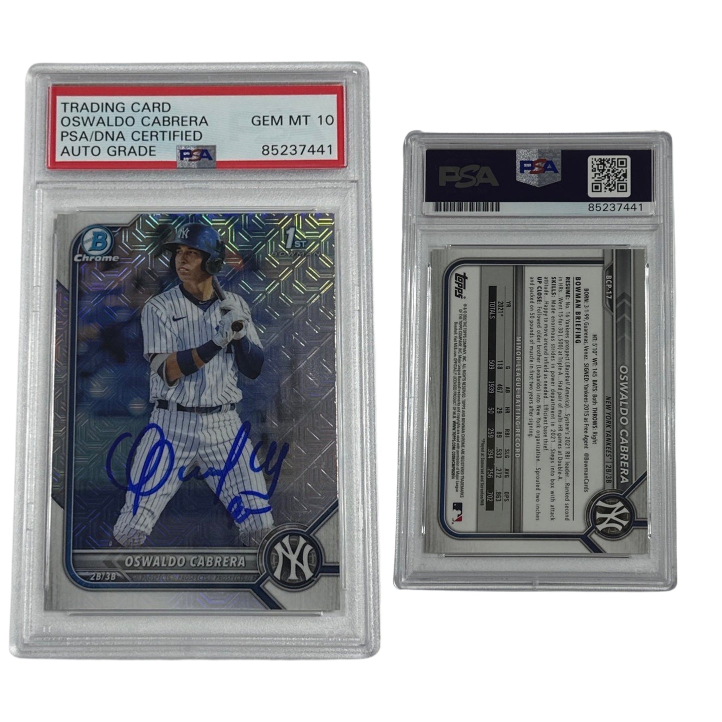 2022 Oswaldo Cabrera Bowman Chrome 1st Auto Mojo #BCP-17 PSA GEM MT 10 Auto