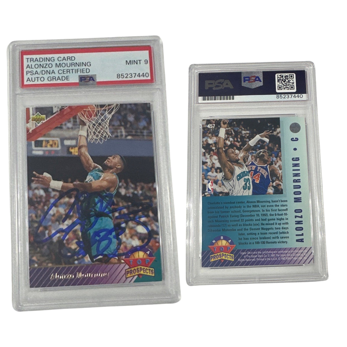 1993 Alonzo Mourning Autographed Upper Deck NBA Top Prospects #457 PSA MINT 9 Auto