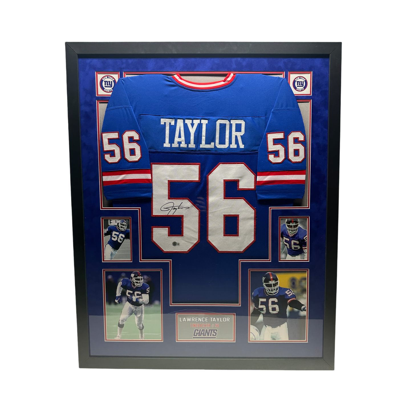 Lawrence Taylor Autographed New York Giants Blue Jersey Beckett - Framed