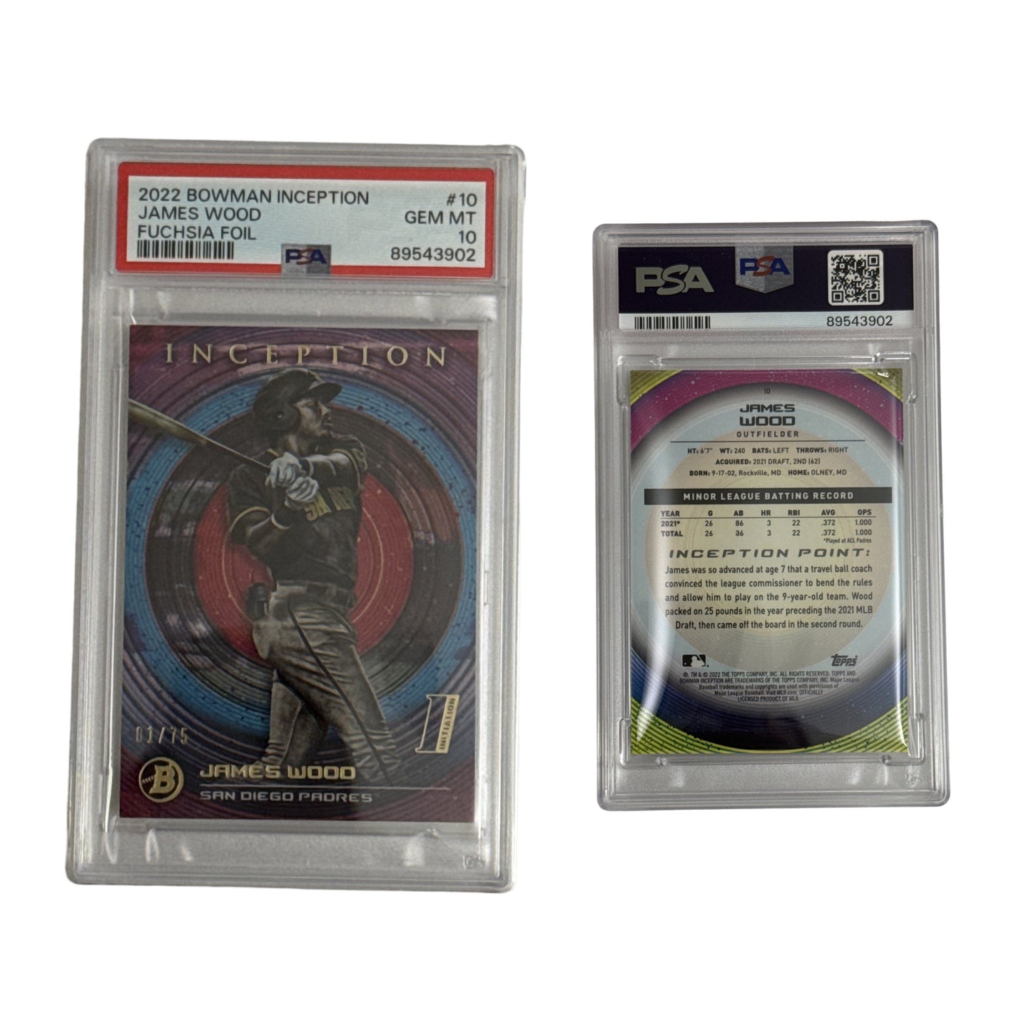 2022 James Wood Bowman Inception Fuchsia Foil /75 #10 PSA GEM MT 10