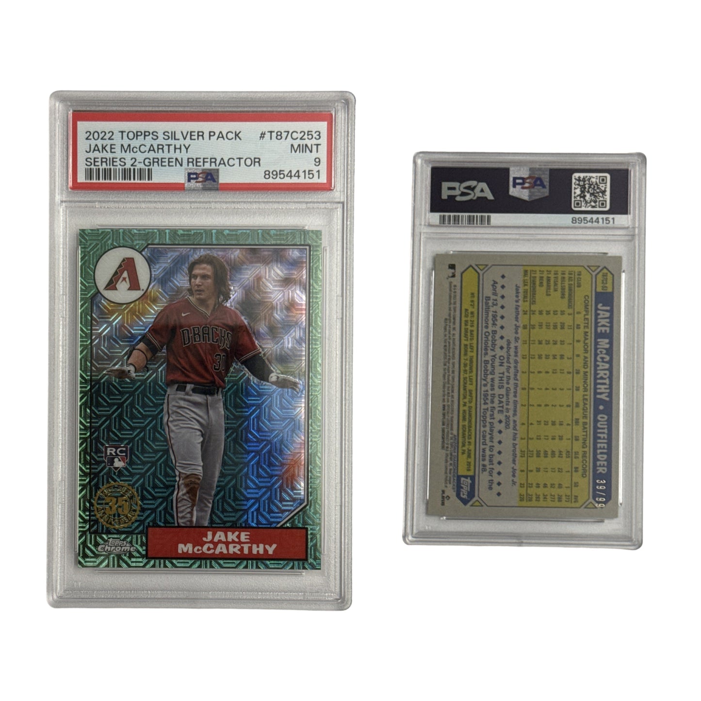 2022 Jake McCarthy Topps Silver Pack Series 2 Green Refractor #T87C253 /99 PSA MINT 9