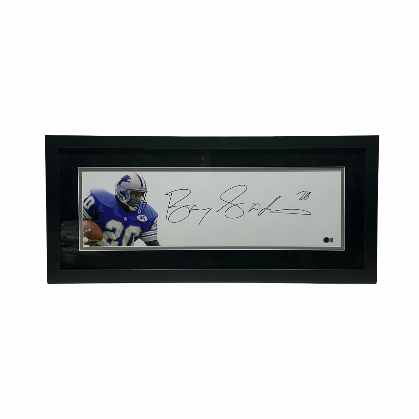 Barry Sanders Autographed Detroit Lions Signed Framed Black Mat 8x26 Photo Beckett BAS