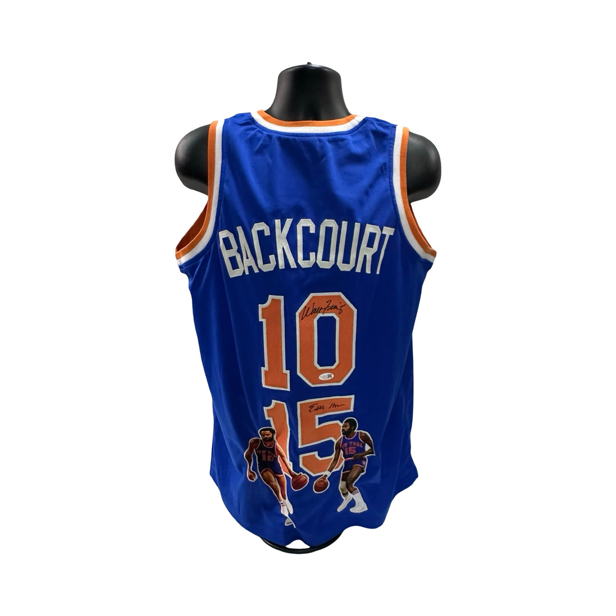 Walt Clyde Frazier & earl Monroe Autographed New York Knicks Blue Art Jersey JSA COA