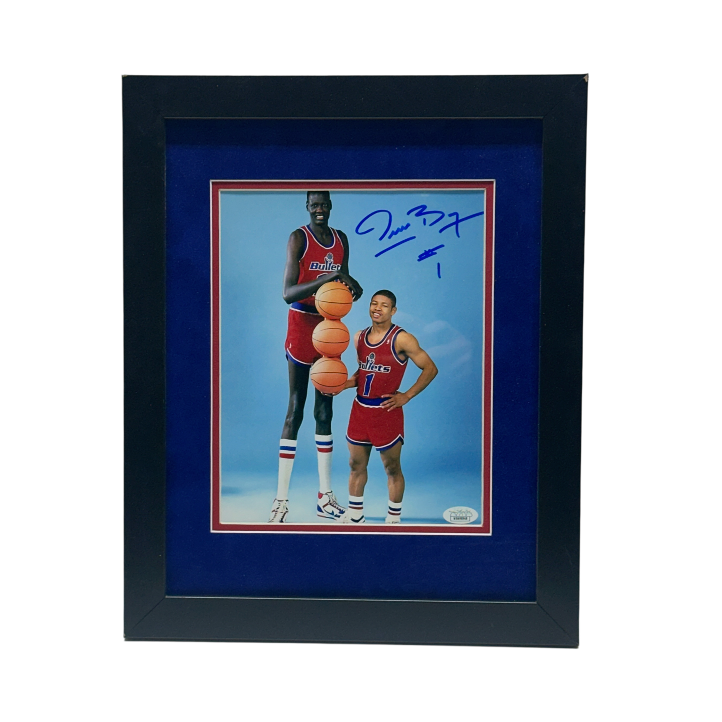 Muggsy Bogues Washington Bullets with Manute Bol Autographed 8x10 JSA - Framed