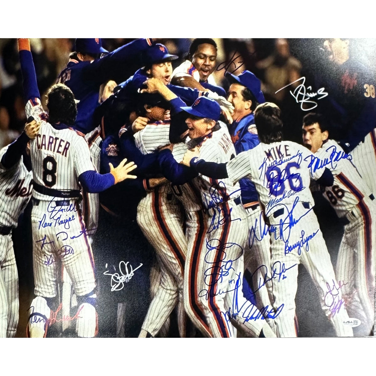 1986 New York Mets Team Autographed Team Hug Celebration Blue Ink 16x20 Horizontal JSA
