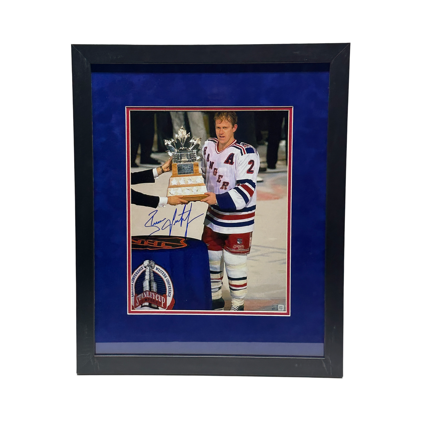 Brian Leetch Autographed New York Rangers Calder Trophy 11x14 Inscriptions Steiner CX - Framed