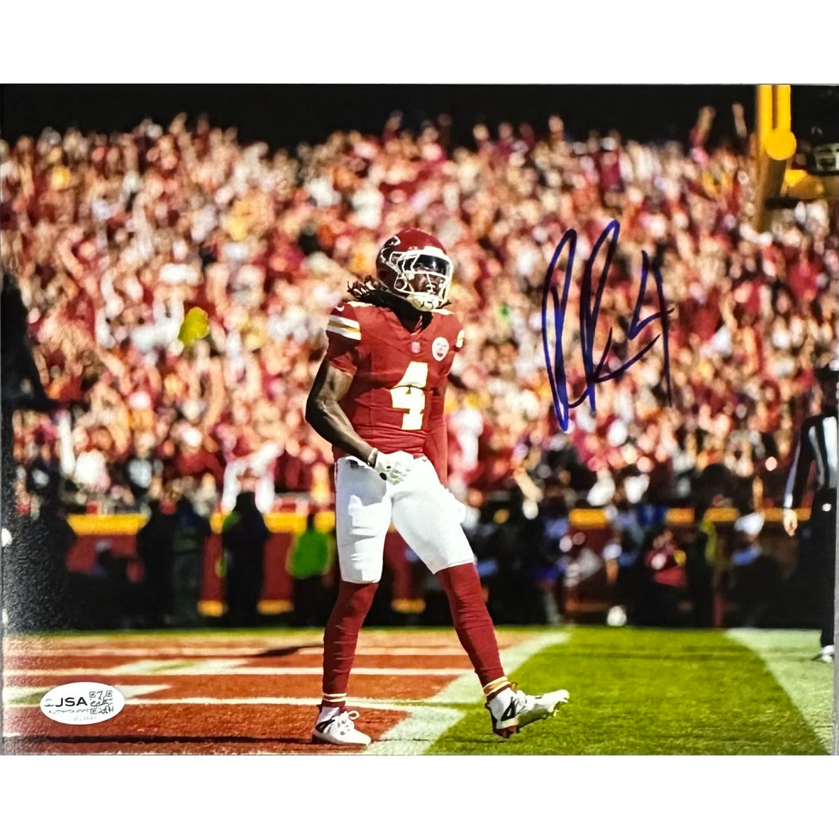 Rashee Rice Autographed Kansas City Chiefs Red Jersey Celebrating 8x10 Photo JSA COA