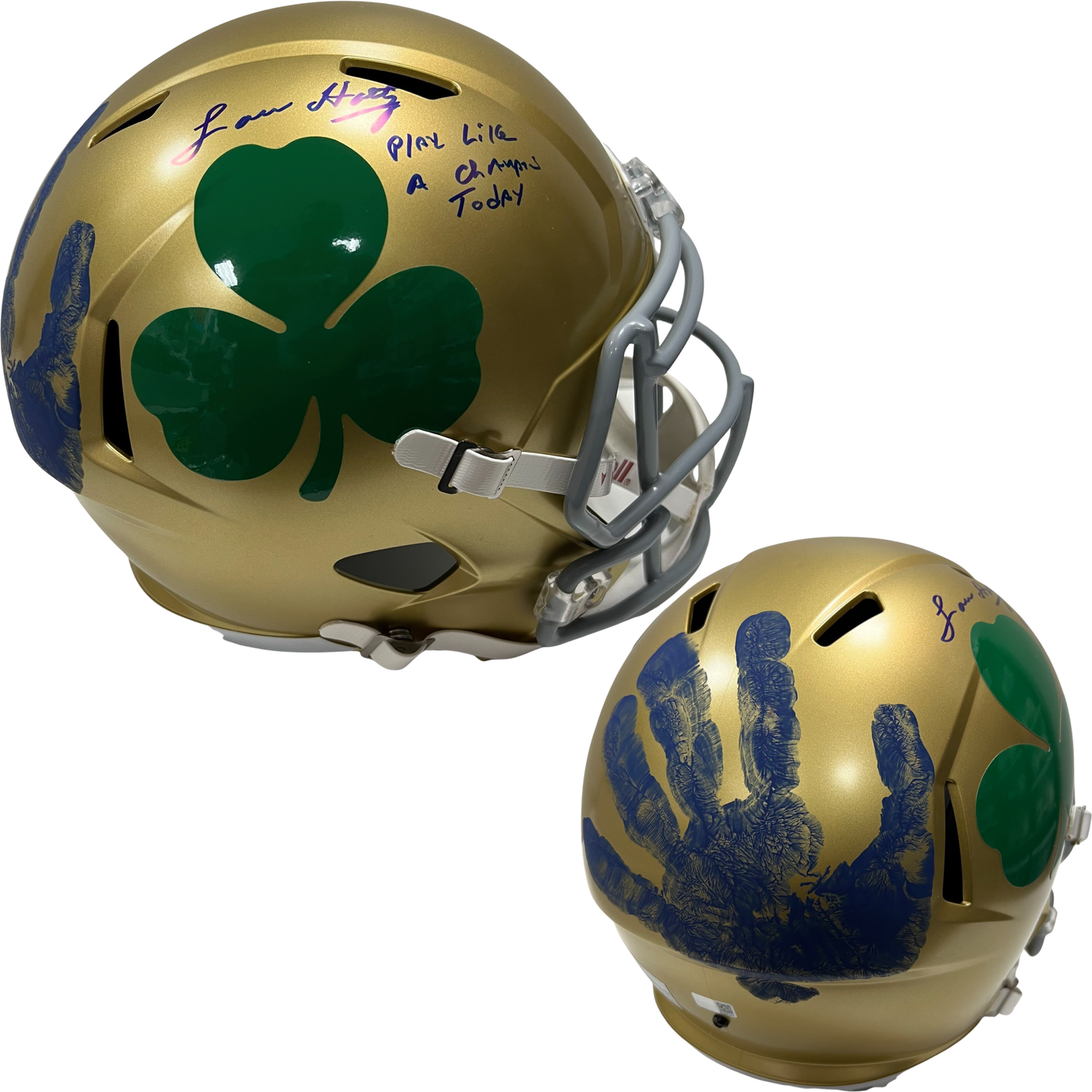 Lou Holtz Autographed Notre Dame Fighting Irish Shamrock Speed Replica Helmet w/ Handprint Play Like a Champion Today Inscription Beckett