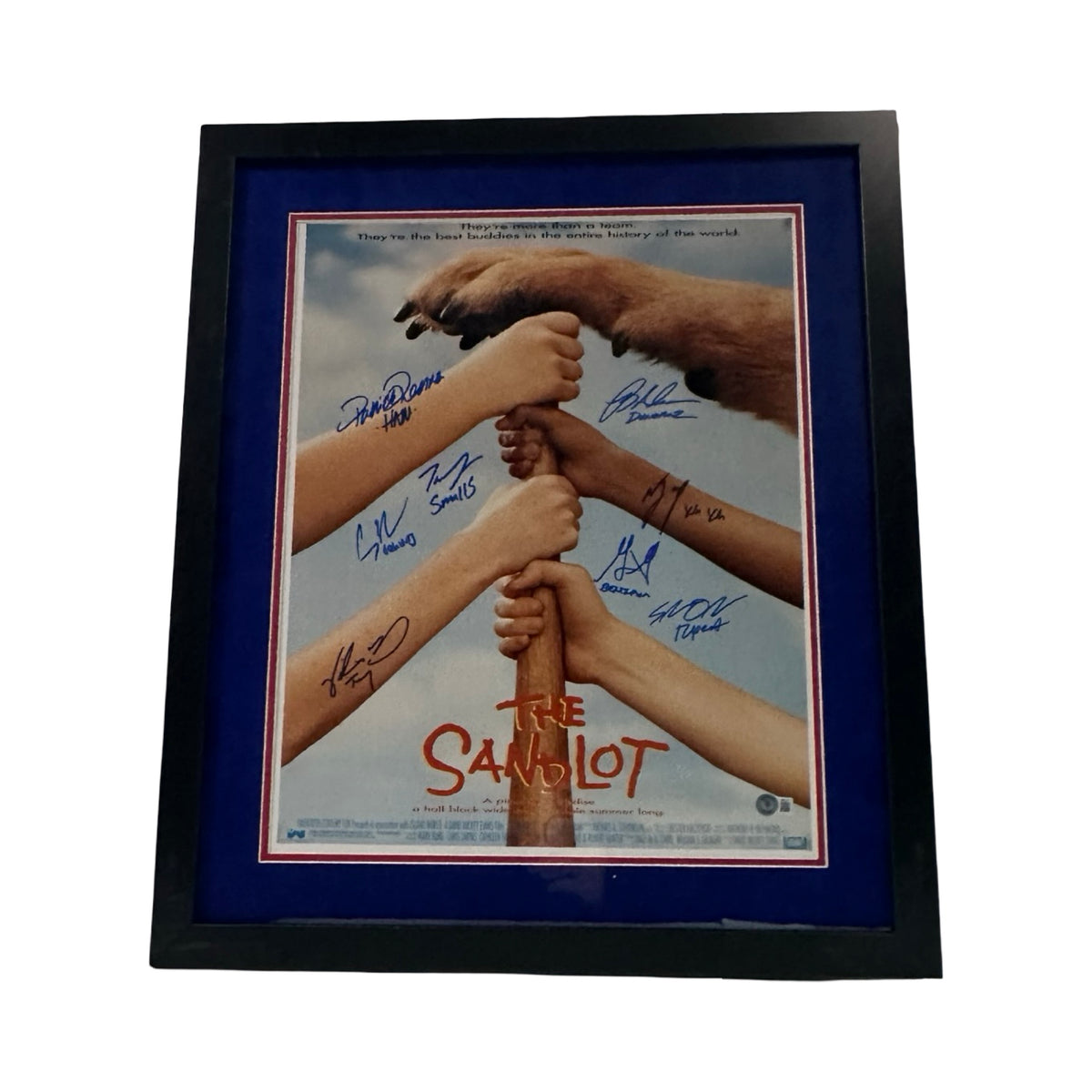The Sandlot Cast Autographed Blue Movie Poster Dog Paw 8 Cast Members 16x20 w/ Character Name Inscriptions Beckett - Framed