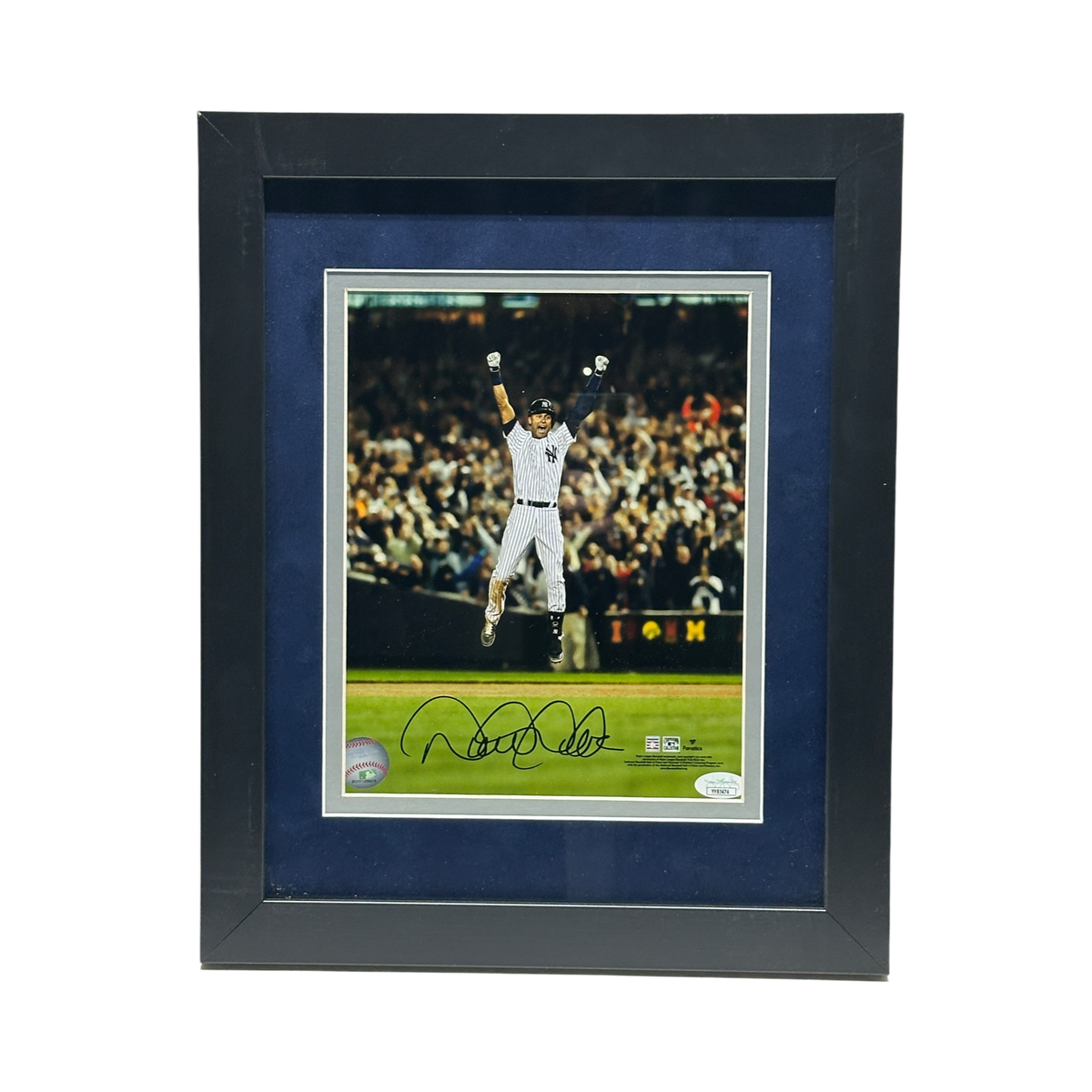 Derek Jeter Autographed New York Yankees Jump Arms Up 8x10 JSA - Framed