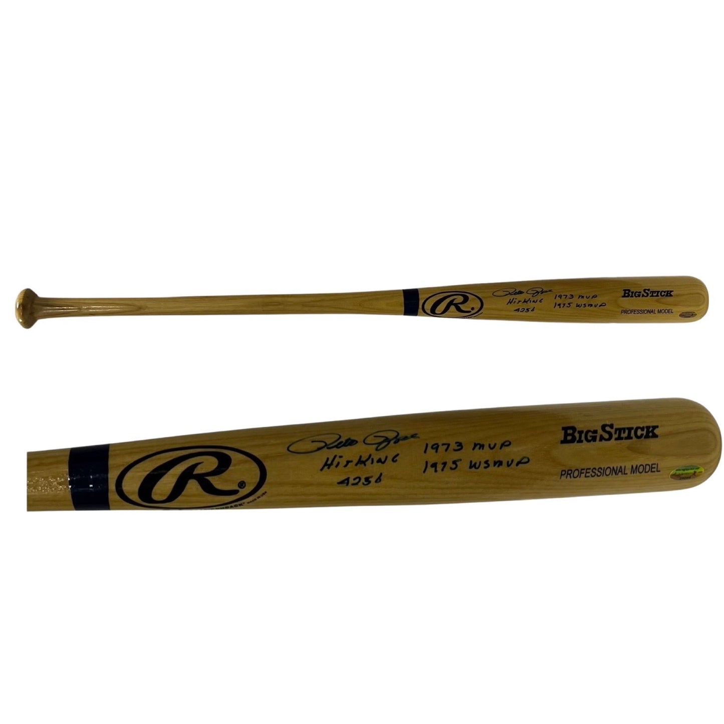 Pete Rose Autographed Rawlings Big Stick Bat Hit King, 4256, 1973 MVP, 1975 WS MVP Inscriptions Reggie Jackson COA