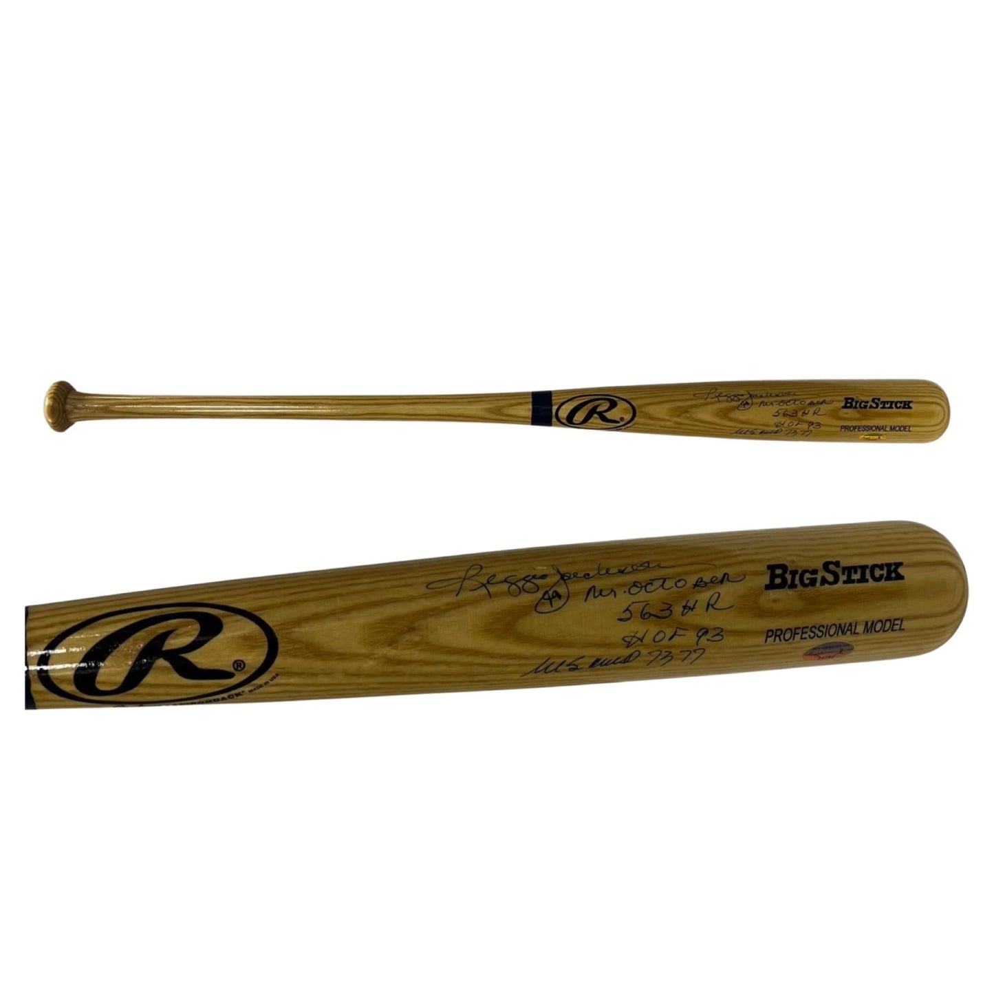 Reggie Jackson Autographed Rawlings Big Stick Bat Mr October, 563 HR, HOF 93, WS MVP 73 77 Inscriptions Reggie Jackson COA