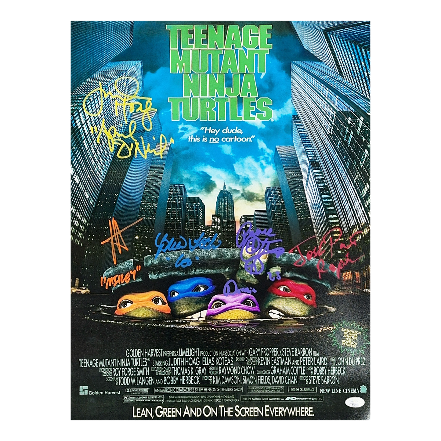 Corey Feldman, Robbie Rist, Brian Tochi, John Pais & Judith Hogg Autographed Teenage Mutant Ninja Turtles TMNT Movie Poster 16x20 April O’Neil, Mikey, Leo, Donnie, Ralph Inscriptions JSA