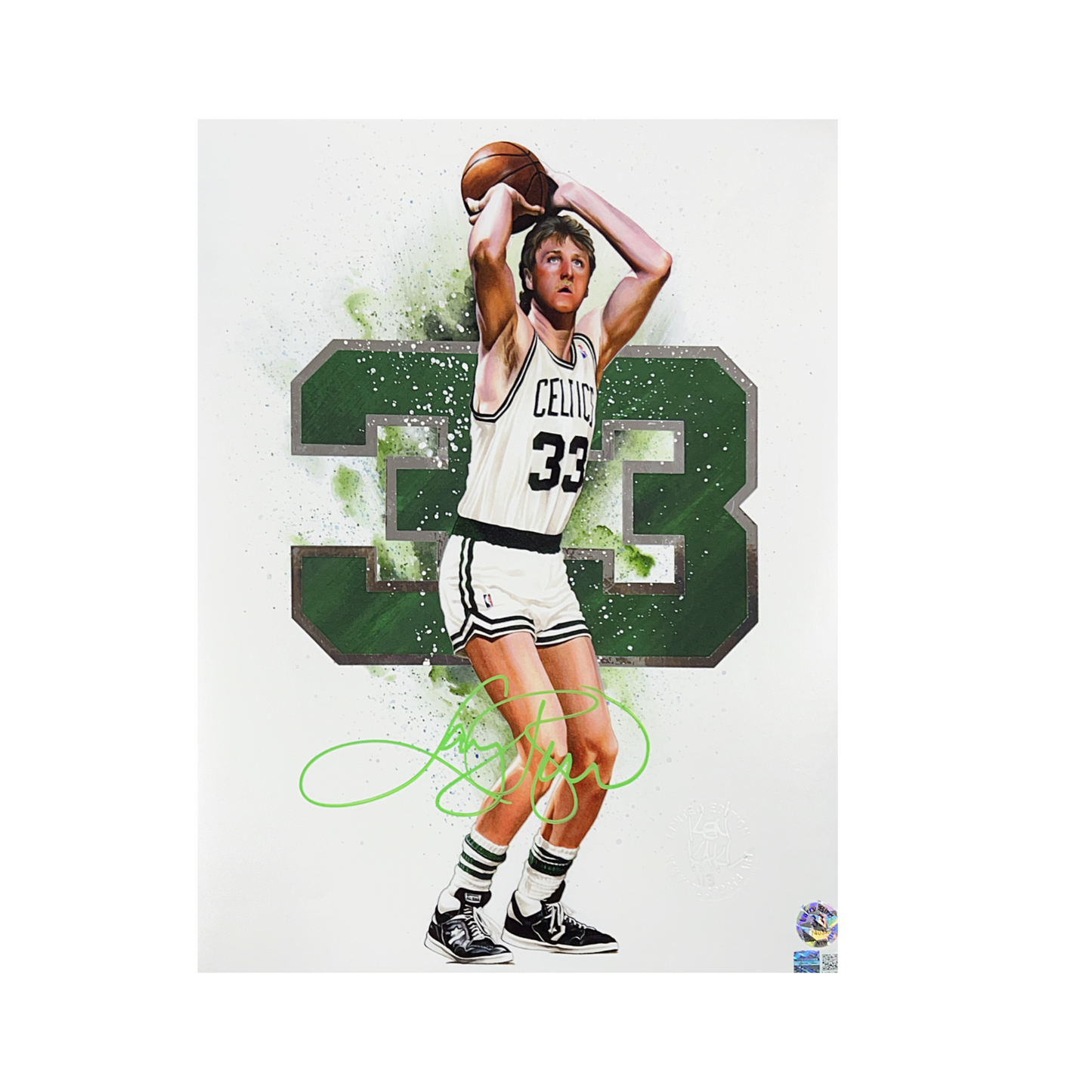 Larry Bird Autographed Boston Celtics 11x14 Green Variant Silver Ken Karl LE /1 Steiner CX