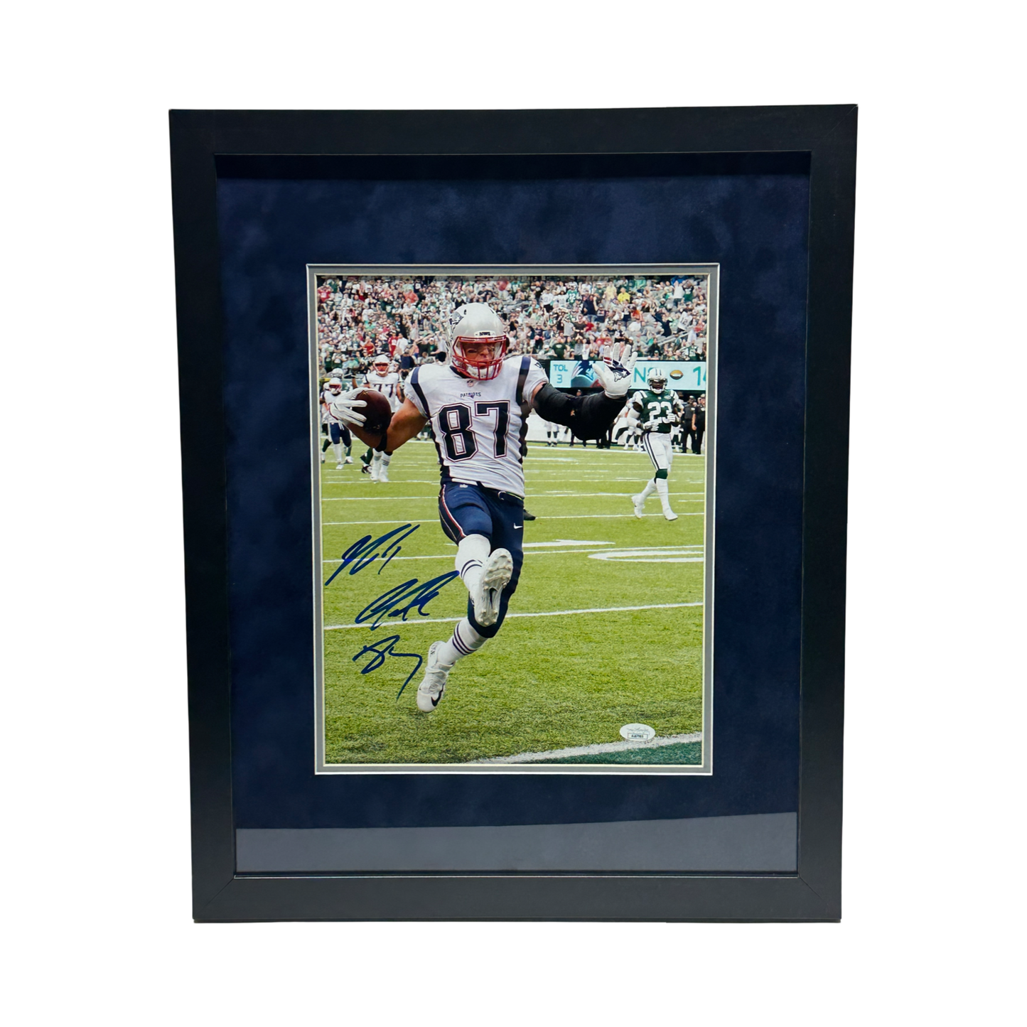Rob Gronkowski Autographed New England Patriots White Jersey Vertical 11x14 JSA - Framed