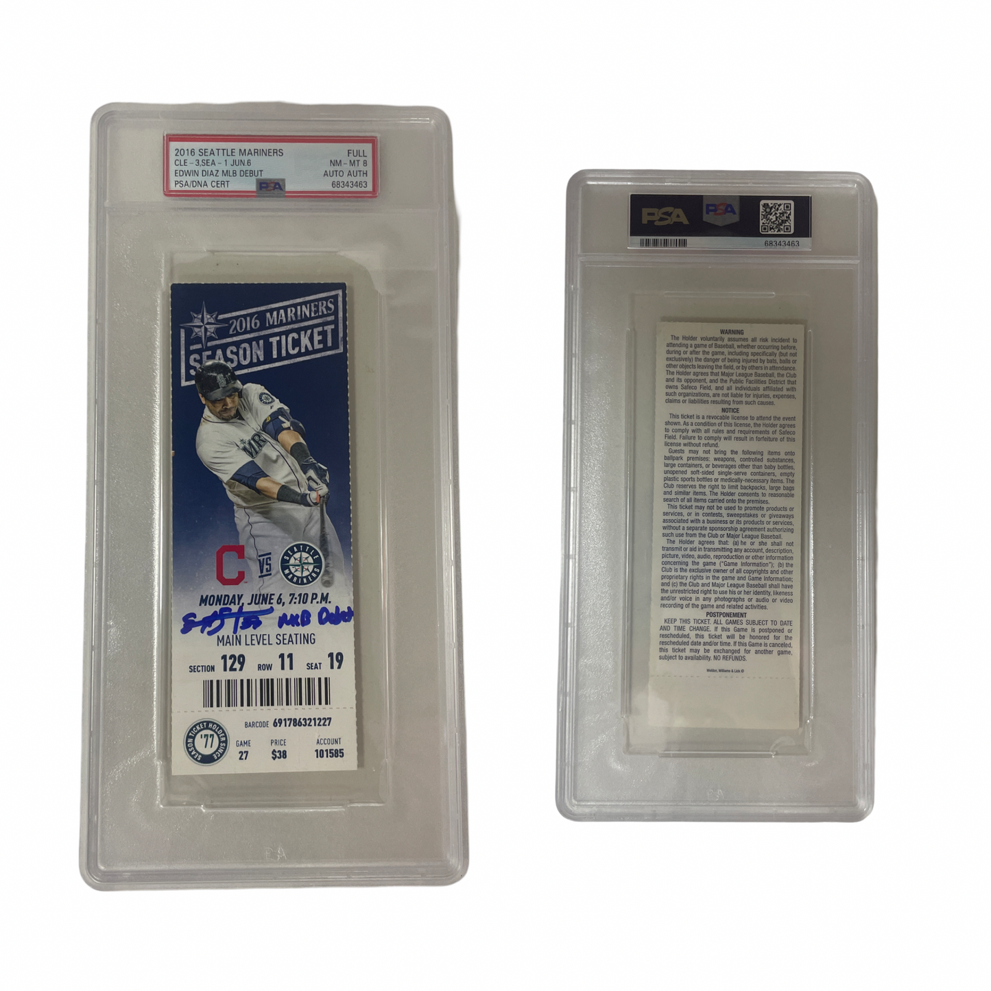 2016 Seattle Mariners Ticket CLE - 3, SEA - 1 Jun. 6 Edwin Diaz MLB Debut NM - MT 8 PSA Auto Authentic