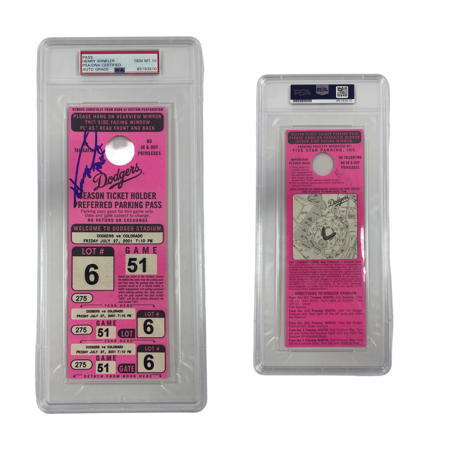 Henry Winkler Autographed Dodgers Season Ticket Holder Parking Pass From Personal Collection PSA Auto Authentic